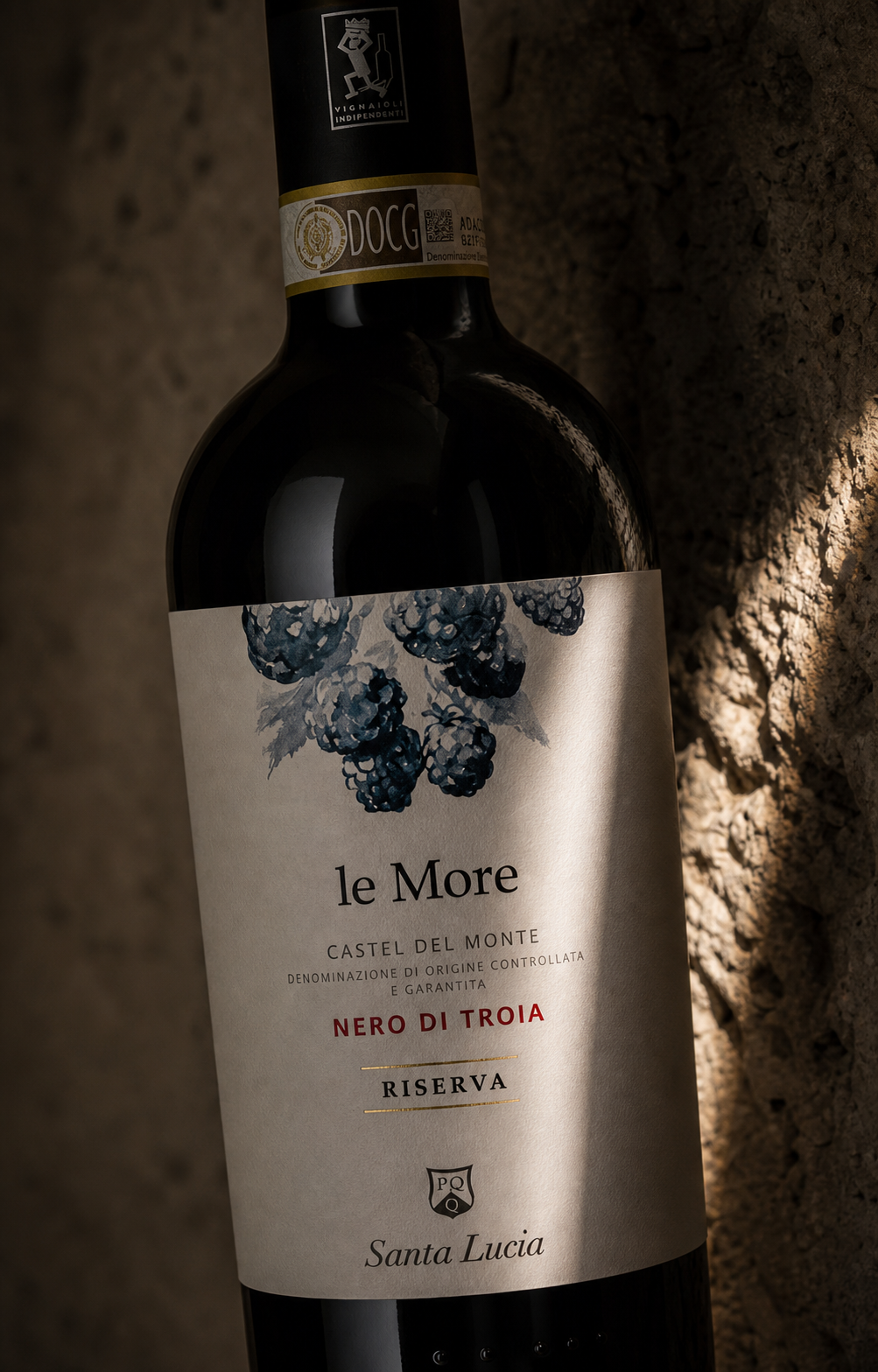 Azienda Agricola Santa Lucia — le More — dettaglio etichetta in luce di cantina