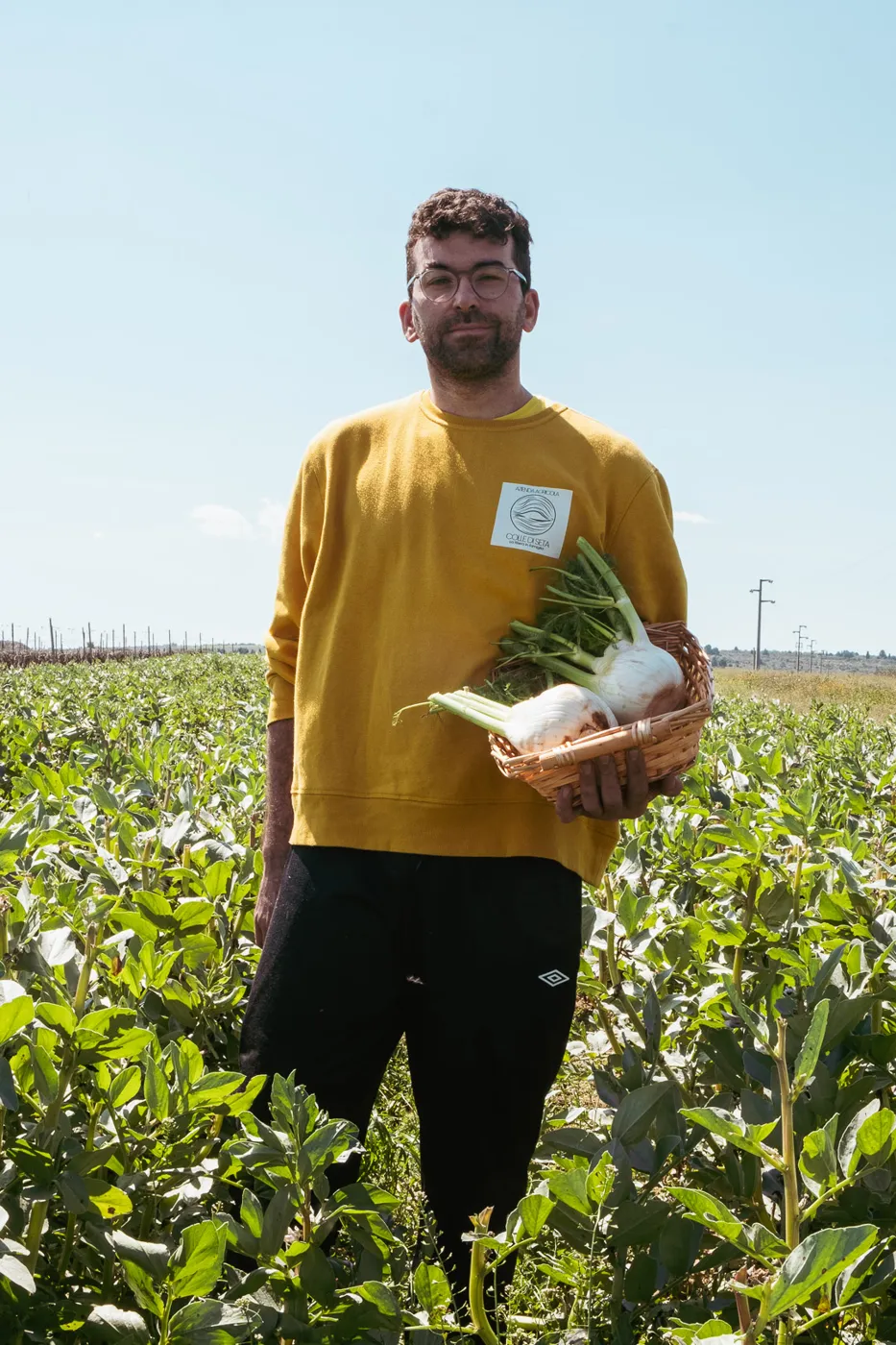Produttore nel campo di fave con cesto di finocchi