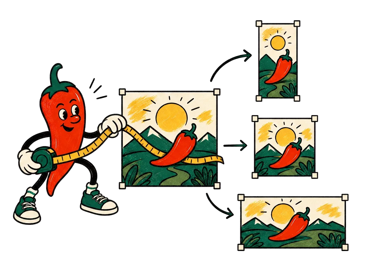 Mascotte Digital Peppers che ridimensiona un'illustrazione in vari formati