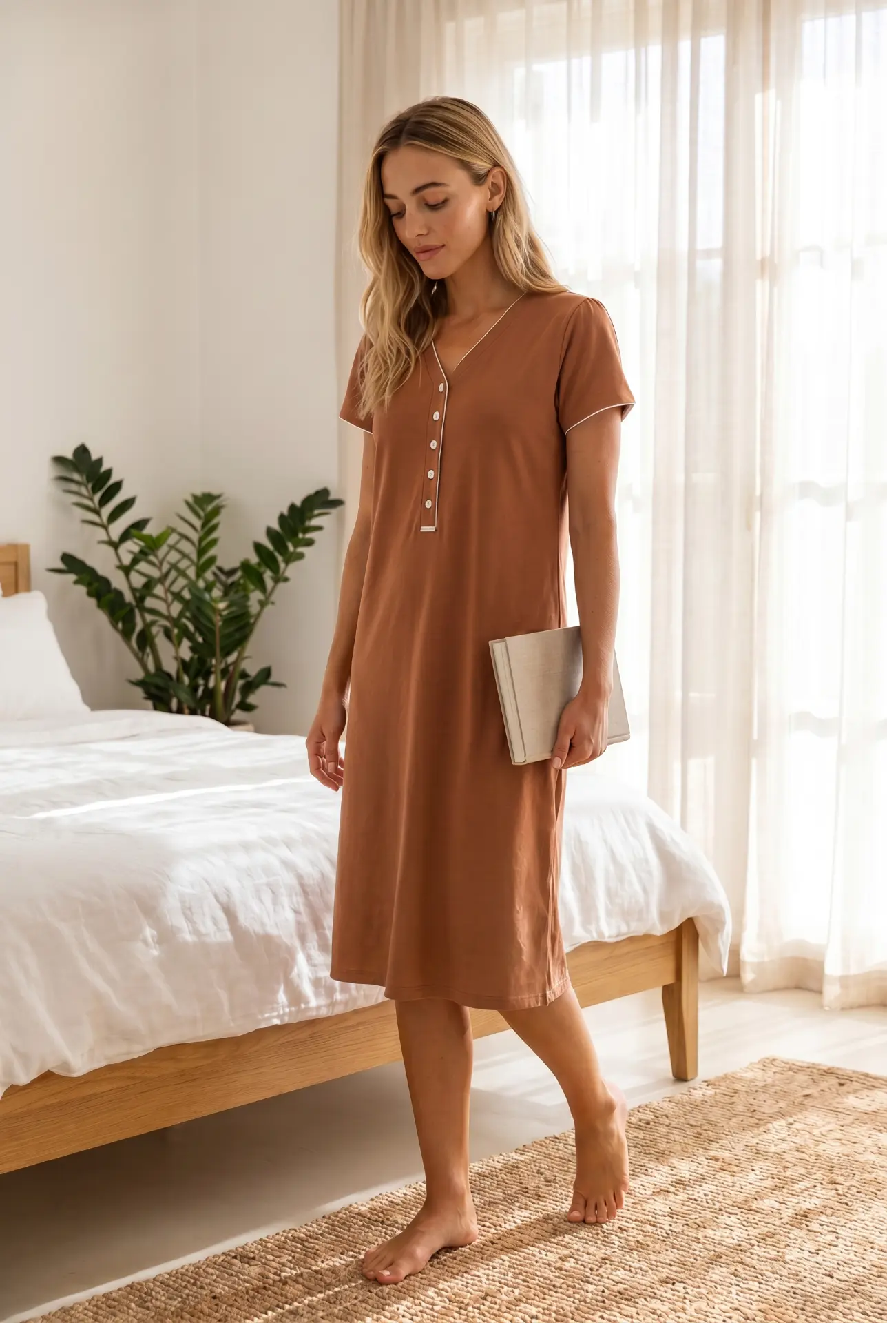 Amadine Pigiameria — Camicia da notte terracotta con profili