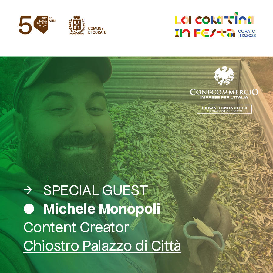 Grafica social La Coratina in Festa con special guest Michele Monopoli, content creator