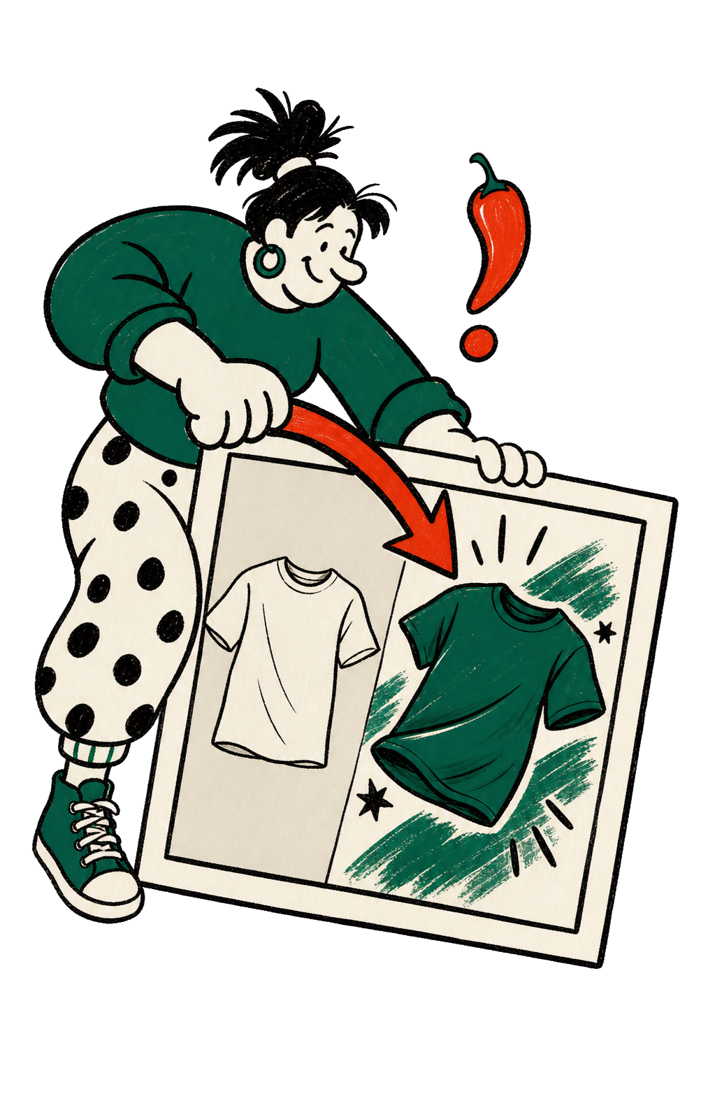 Illustrazione di una direttrice creativa che trasforma un prodotto in immagine di campagna