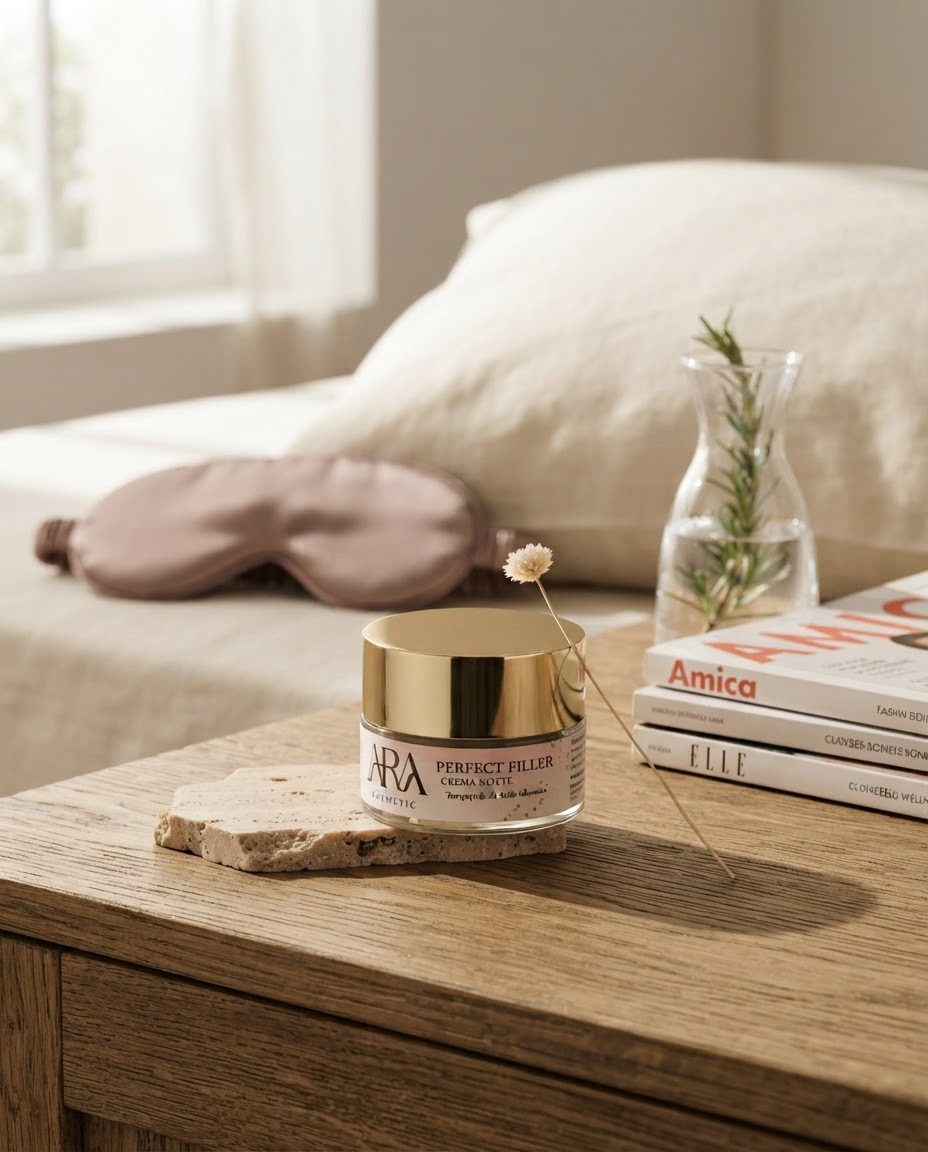 Ara Cosmetici — Perfect Filler crema notte — scena comodino · social