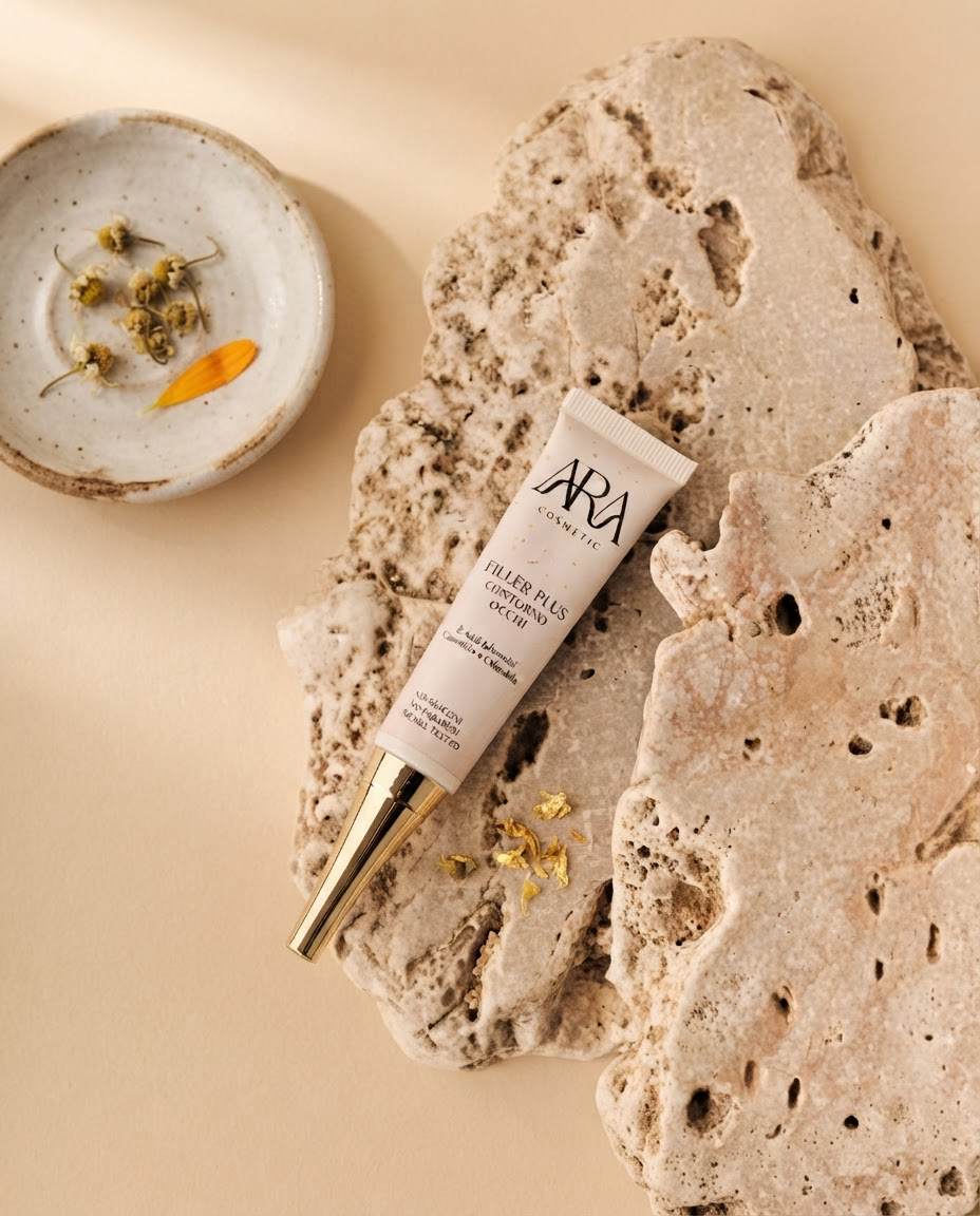 Ara Cosmetici — Filler Plus contorno occhi — flat lay su travertino · social