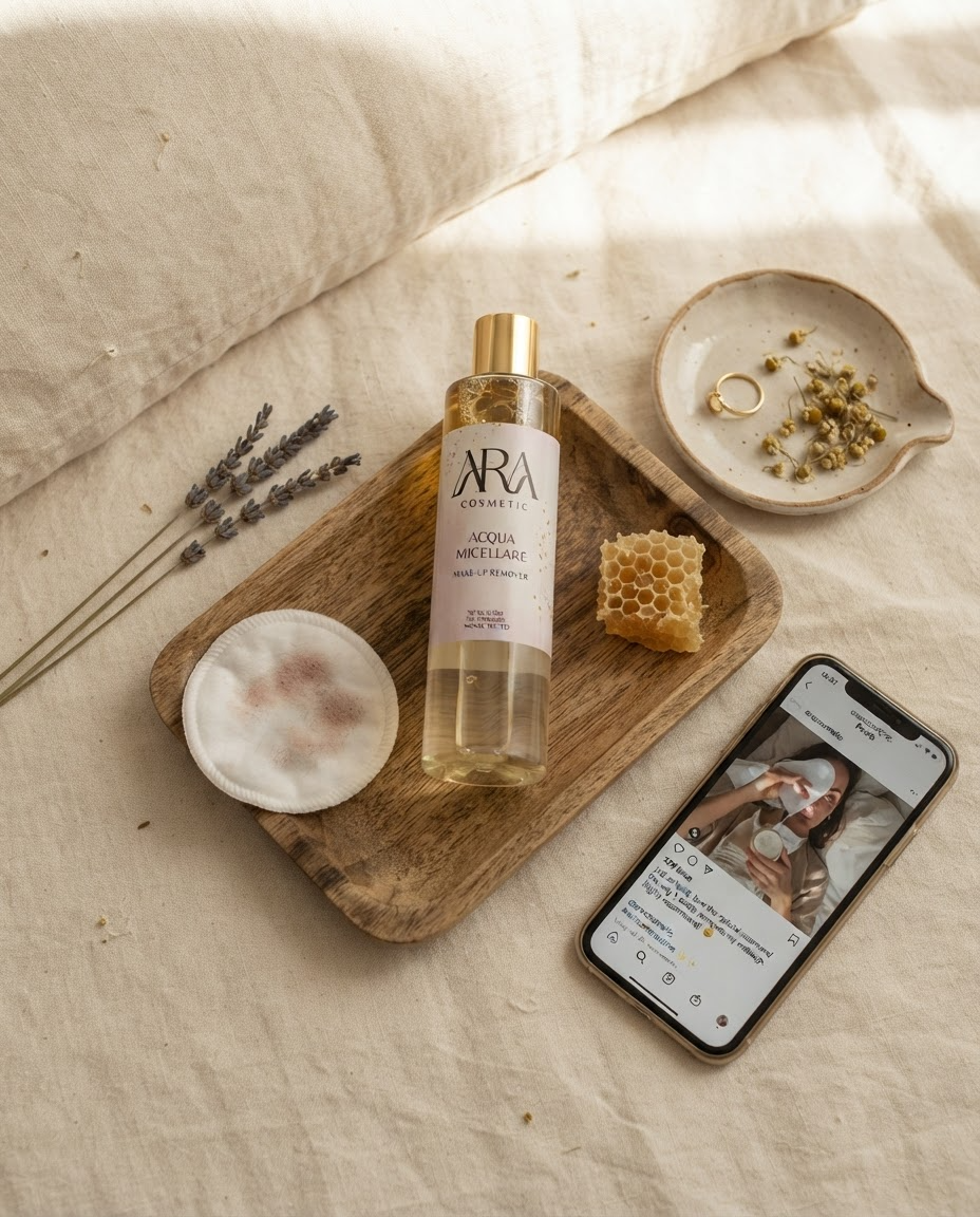 Ara Cosmetici — Acqua micellare — flat lay routine serale · social