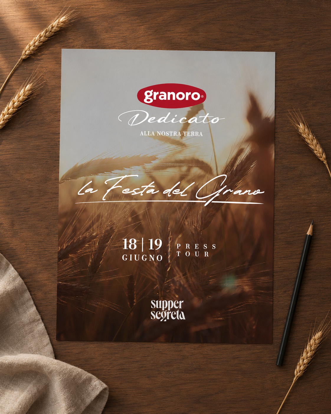 Manifesto stampato La Festa del Grano — Granoro Dedicato, press tour 18-19 giugno