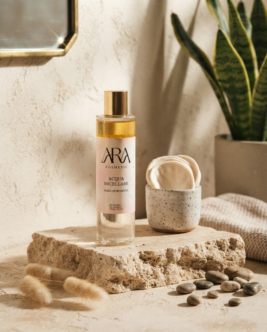 Ara Cosmetici — Acqua micellare — specchio ottone e verde · social