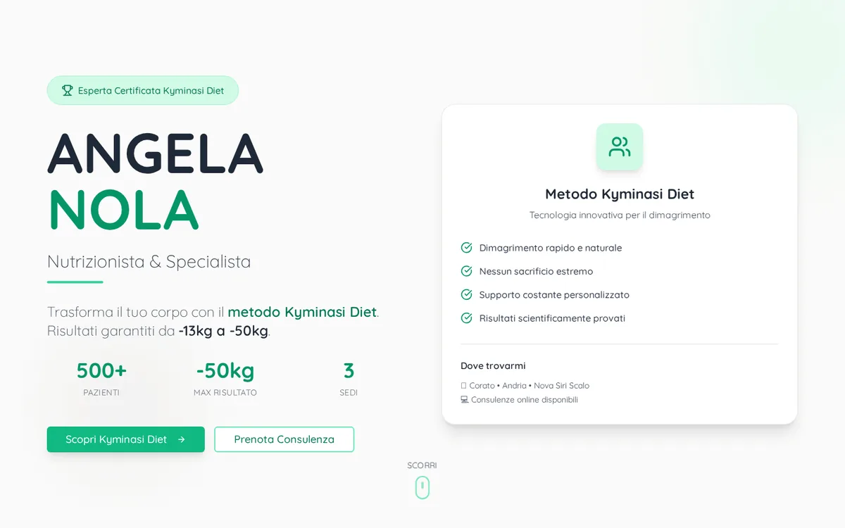 Screenshot del sito Angela Nola · Nutrizionista realizzato da Digital Peppers