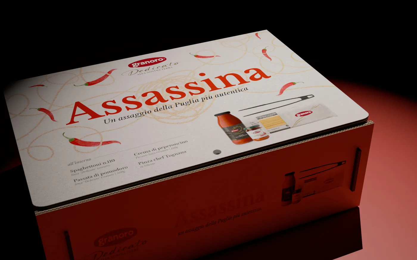 Packaging design per Granoro Spaghetti all'Assassina - box elegante con elementi tradizionali pugliesi