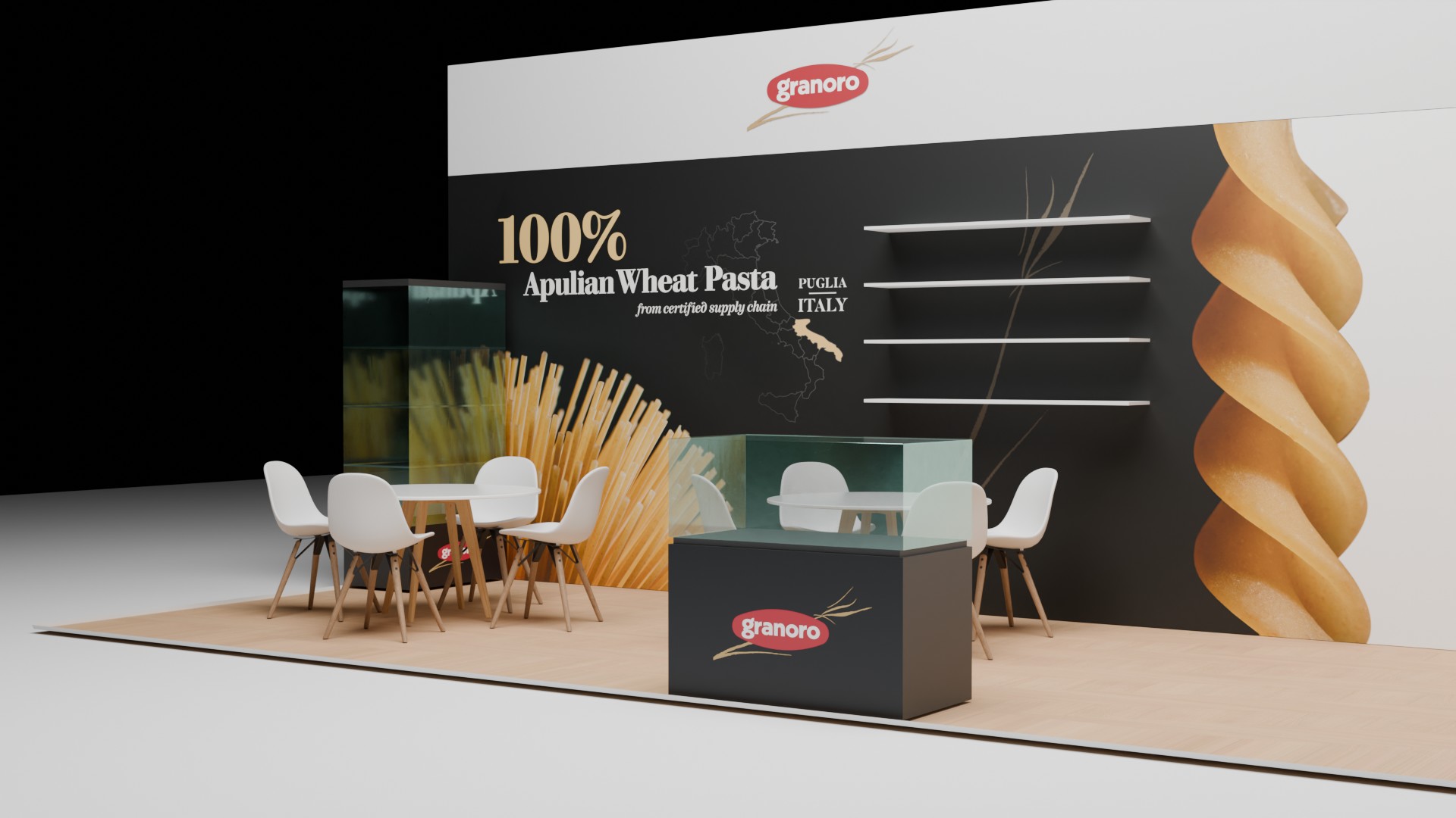Stand Granoro a Gulfood Dubai 2026 - Vista laterale con fusillo